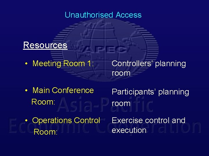 Unauthorised Access Resources • Meeting Room 1: Controllers’ planning room • Main Conference Room: