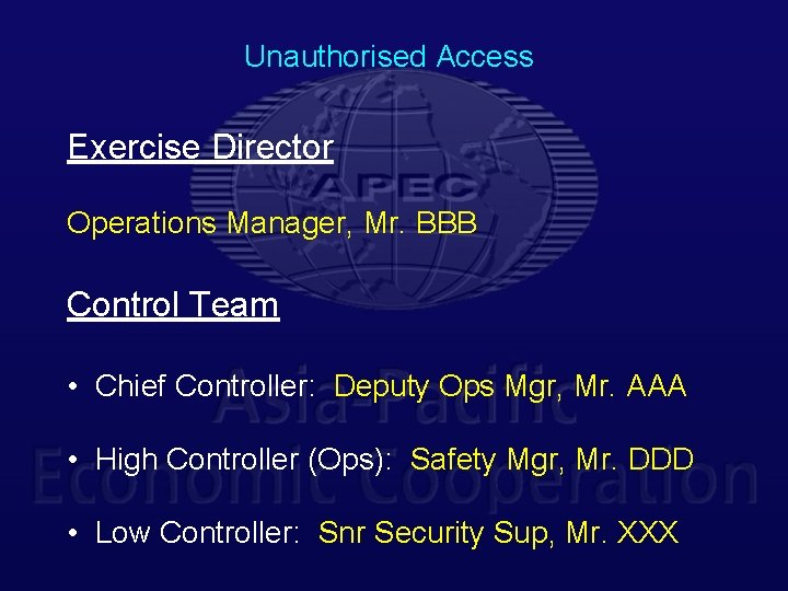 Unauthorised Access Exercise Director Operations Manager, Mr. BBB Control Team • Chief Controller: Deputy