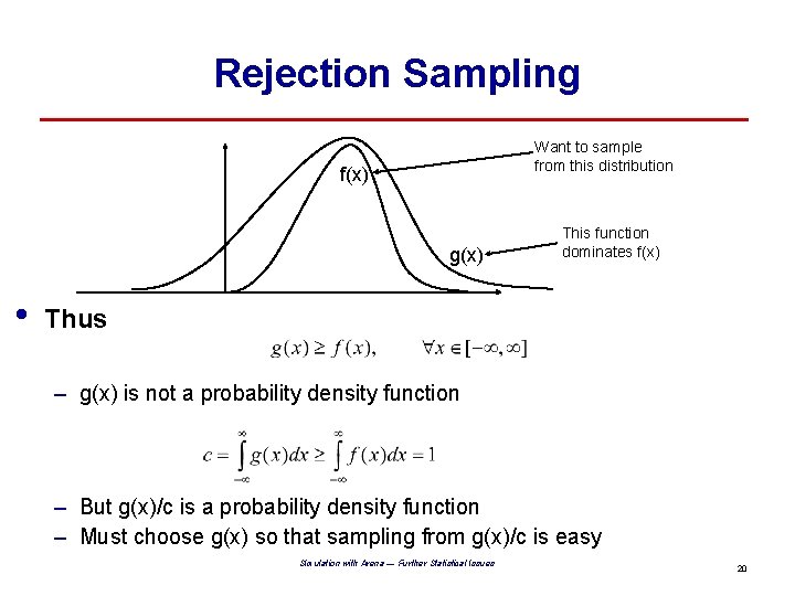Rejection Sampling Want to sample from this distribution f(x) g(x) • This function dominates