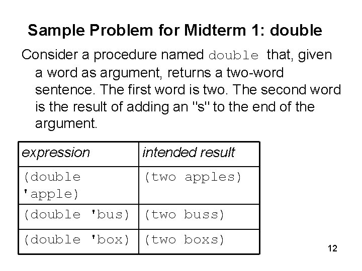 Sample Problem for Midterm 1: double Consider a procedure named double that, given a