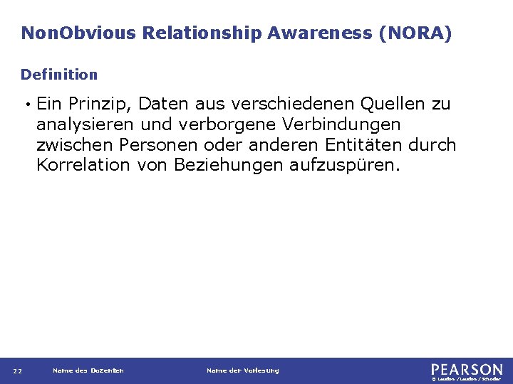 Non. Obvious Relationship Awareness (NORA) Definition • 22 Ein Prinzip, Daten aus verschiedenen Quellen