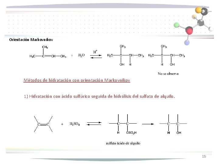Orientación Markovnikov Métodos de hidratación con orientación Markovnikov 1) Hidratación con ácido sulfúrico seguida