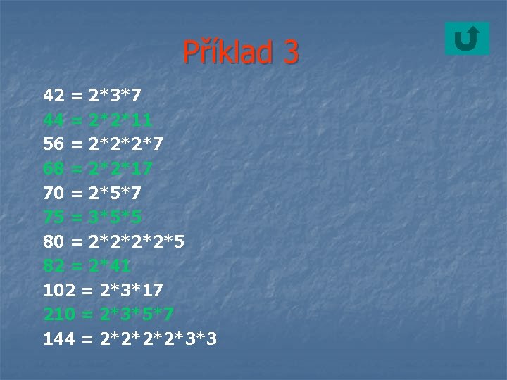 Příklad 3 42 = 2*3*7 44 = 2*2*11 56 = 2*2*2*7 68 = 2*2*17