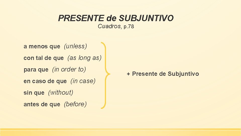 PRESENTE de SUBJUNTIVO Cuadros, p. 78 a menos que (unless) con tal de que