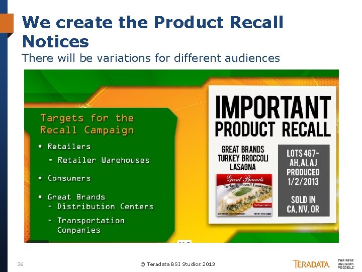 We create the Product Recall Notices There will be variations for different audiences 36