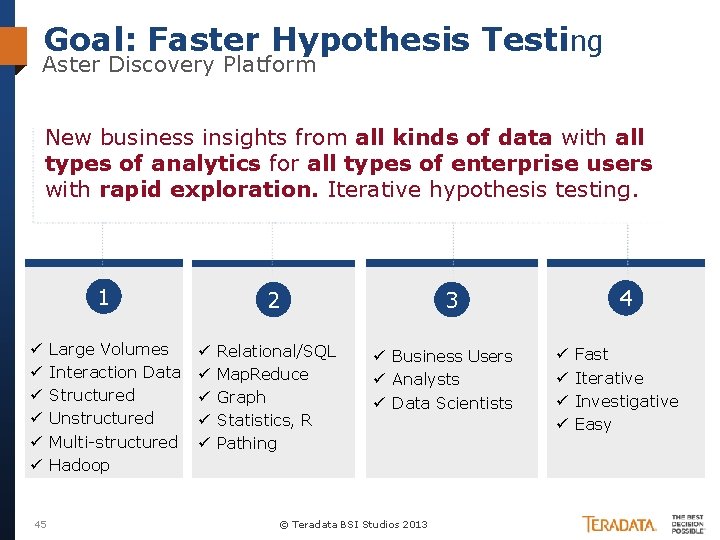 Goal: Faster Hypothesis Testing Aster Discovery Platform New business insights from all kinds of