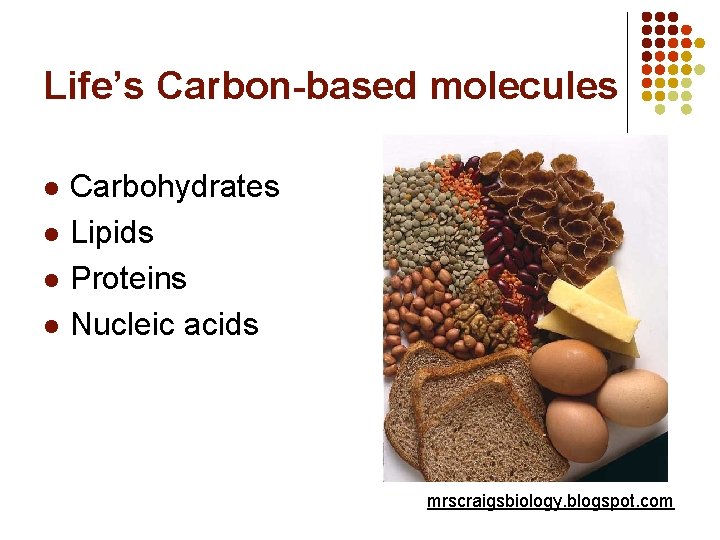 Life’s Carbon-based molecules l l Carbohydrates Lipids Proteins Nucleic acids mrscraigsbiology. blogspot. com 