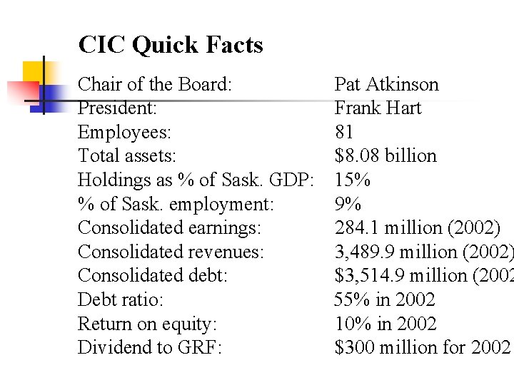 CIC Quick Facts Chair of the Board: Pat Atkinson President: Frank Hart Employees: 81