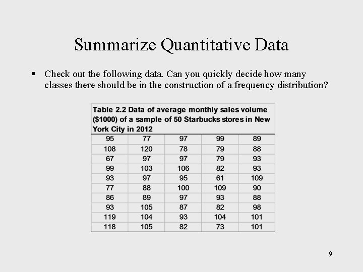 Summarize Quantitative Data § Check out the following data. Can you quickly decide how Summarize Quantitative Data § Check out the following data. Can you quickly decide how
