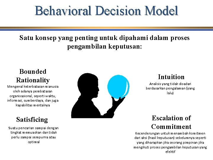 Behavioral Decision Model Satu konsep yang penting untuk dipahami dalam proses pengambilan keputusan: Bounded