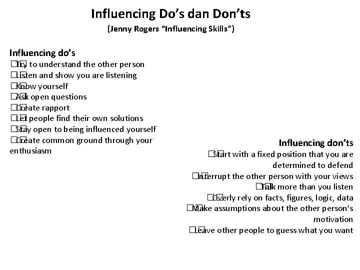 Influencing Do’s dan Don’ts (Jenny Rogers “Influencing Skills”) Influencing do’s �� Try to understand