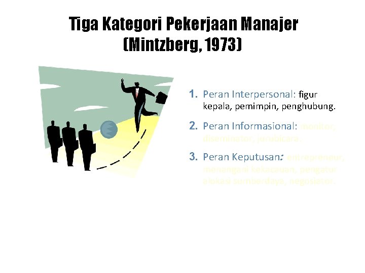 Tiga Kategori Pekerjaan Manajer (Mintzberg, 1973) 1. Peran Interpersonal: figur kepala, pemimpin, penghubung. 2.