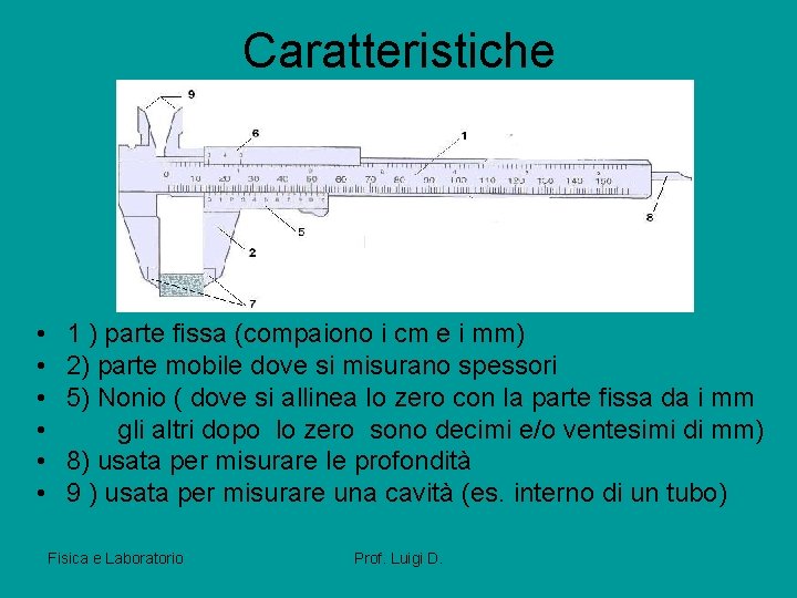 Caratteristiche • • • 1 ) parte fissa (compaiono i cm e i mm)