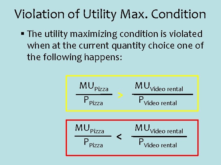 Violation of Utility Max. Condition § The utility maximizing condition is violated when at