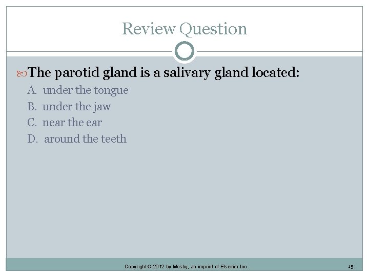 Review Question The parotid gland is a salivary gland located: A. B. C. D.