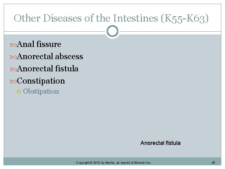 Other Diseases of the Intestines (K 55 -K 63) Anal fissure Anorectal abscess Anorectal
