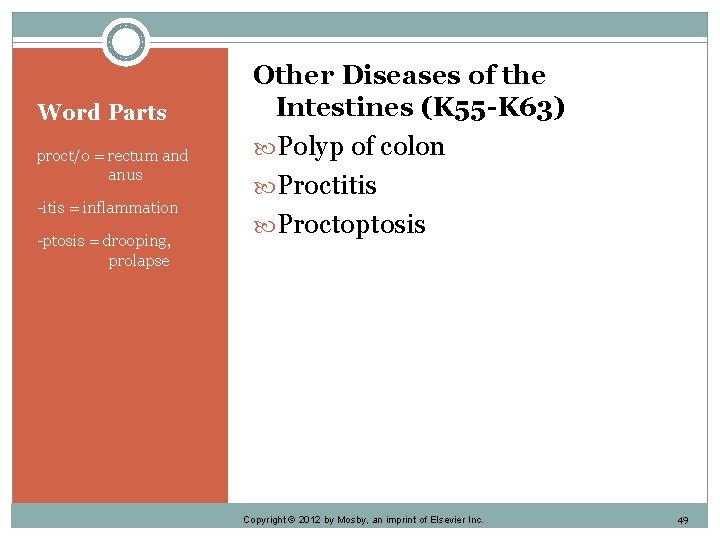 Word Parts proct/o = rectum and anus -itis = inflammation -ptosis = drooping, prolapse