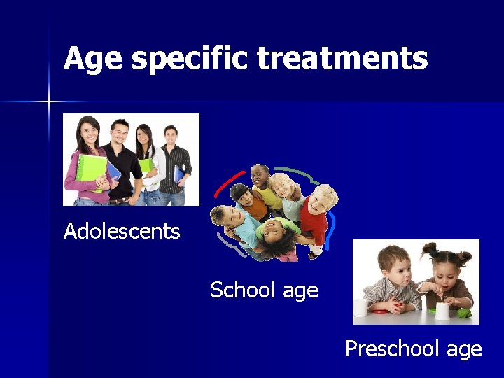Age specific treatments Adolescents School age Preschool age 