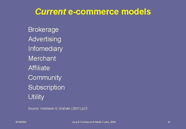 Current e-commerce models Brokerage Advertising Infomediary Merchant Affiliate Community Subscription Utility Source: Hardaker &