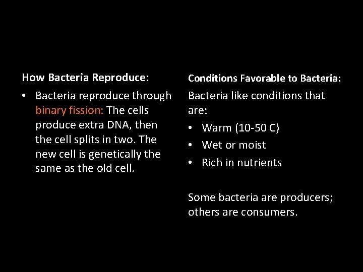 How Bacteria Reproduce: Conditions Favorable to Bacteria: • Bacteria reproduce through binary fission: The