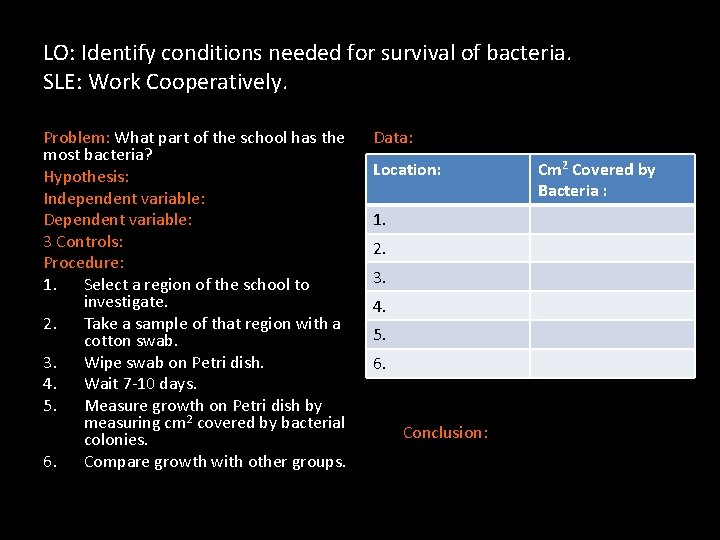 LO: Identify conditions needed for survival of bacteria. SLE: Work Cooperatively. Problem: What part