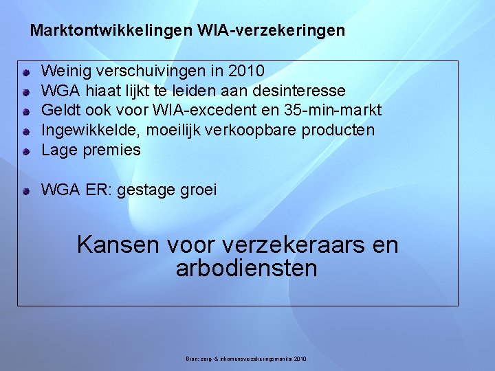 Marktontwikkelingen WIA-verzekeringen Weinig verschuivingen in 2010 WGA hiaat lijkt te leiden aan desinteresse Geldt