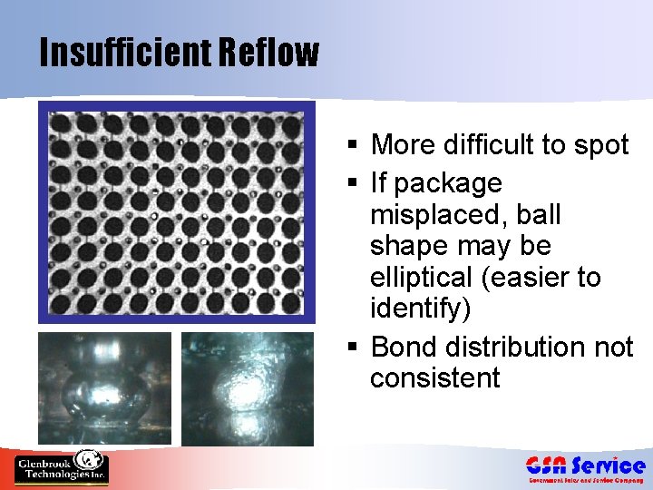 Insufficient Reflow § More difficult to spot § If package misplaced, ball shape may