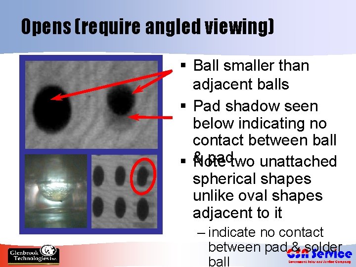 Opens (require angled viewing) § Ball smaller than adjacent balls § Pad shadow seen