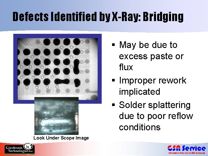 Defects Identified by X-Ray: Bridging § May be due to excess paste or flux