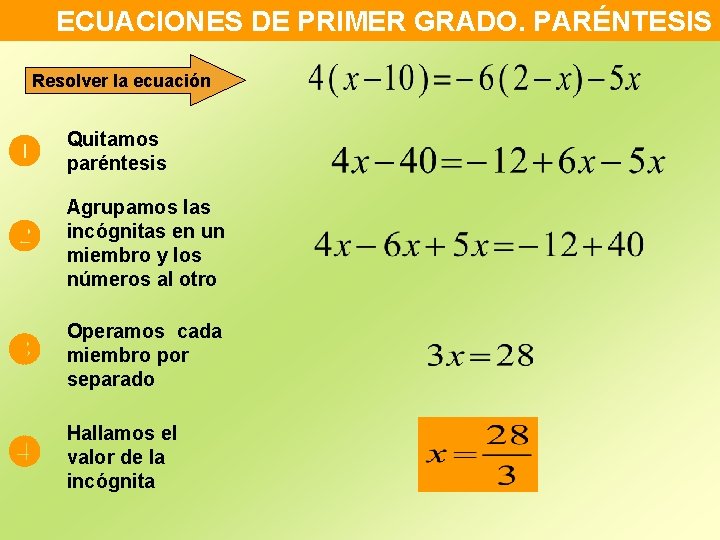 ECUACIONES DE PRIMER GRADO. PARÉNTESIS Resolver la ecuación Quitamos paréntesis Agrupamos las incógnitas en