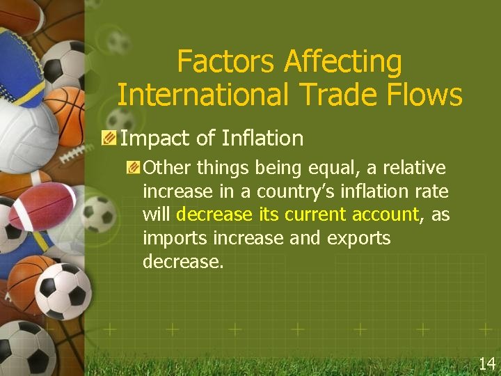 Factors Affecting International Trade Flows Impact of Inflation Other things being equal, a relative