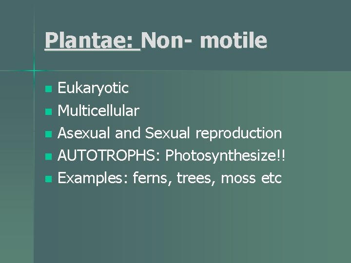 Plantae: Non- motile Eukaryotic n Multicellular n Asexual and Sexual reproduction n AUTOTROPHS: Photosynthesize!!