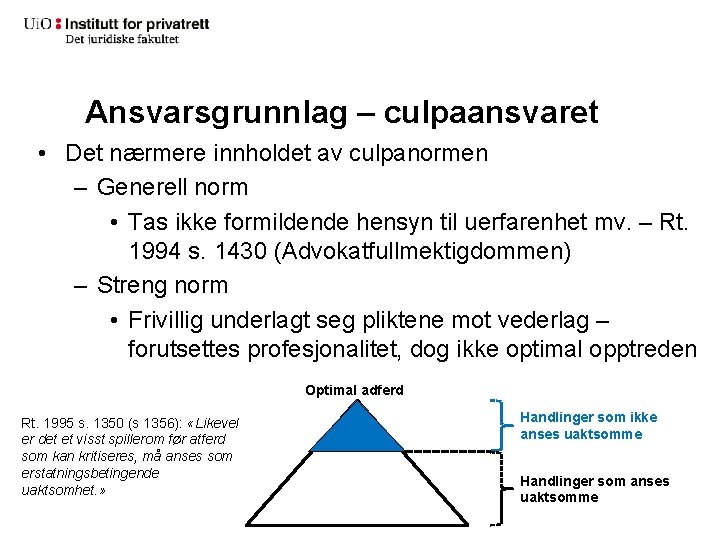 Ansvarsgrunnlag – culpaansvaret • Det nærmere innholdet av culpanormen – Generell norm • Tas