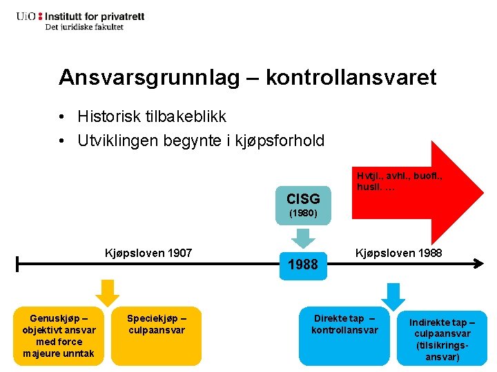 Ansvarsgrunnlag – kontrollansvaret • Historisk tilbakeblikk • Utviklingen begynte i kjøpsforhold CISG Hvtjl. ,