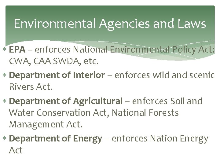 Environmental Agencies and Laws EPA – enforces National Environmental Policy Act: CWA, CAA SWDA,