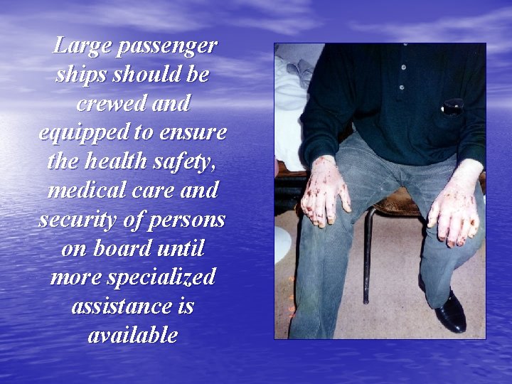 Large passenger ships should be crewed and equipped to ensure the health safety, medical