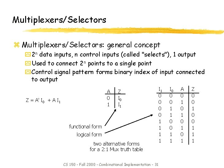 Multiplexers/Selectors z Multiplexers/Selectors: general concept y 2 n data inputs, n control inputs (called