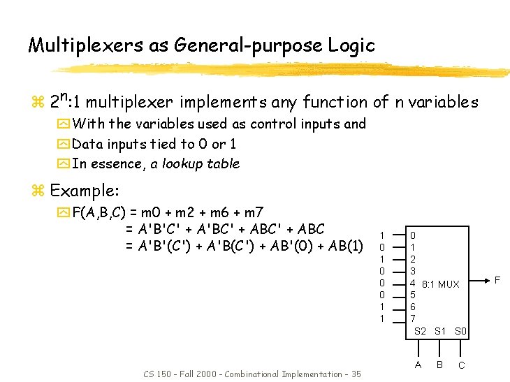 Multiplexers as General-purpose Logic z 2 n: 1 multiplexer implements any function of n