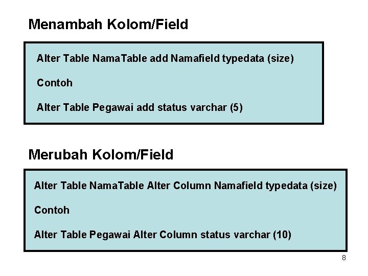 Menambah Kolom/Field Alter Table Nama. Table add Namafield typedata (size) Contoh Alter Table Pegawai Menambah Kolom/Field Alter Table Nama. Table add Namafield typedata (size) Contoh Alter Table Pegawai