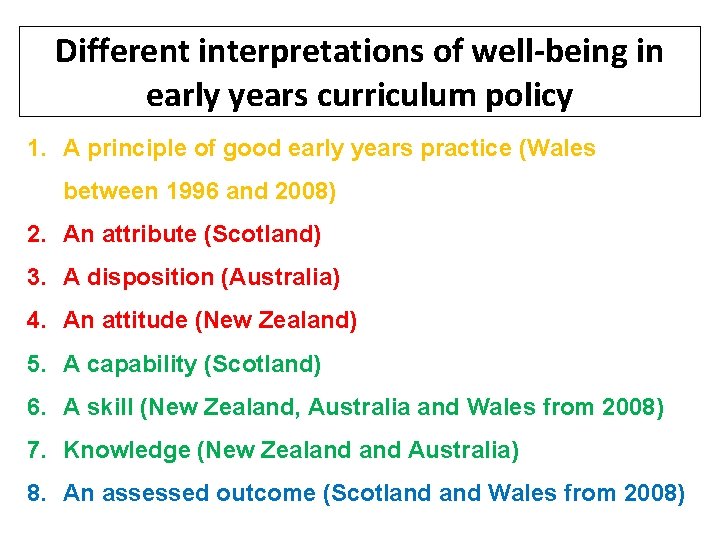 Different interpretations of well-being in early years curriculum policy 1. A principle of good