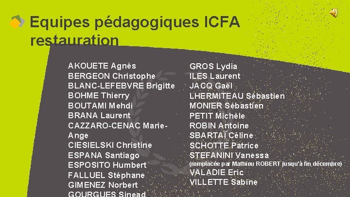 Equipes pédagogiques ICFA restauration AKOUETE Agnès BERGEON Christophe BLANC-LEFEBVRE Brigitte BOHME Thierry BOUTAMI Mehdi