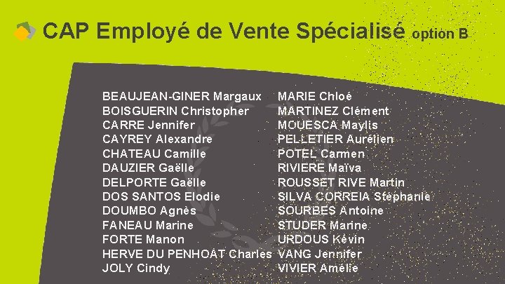 CAP Employé de Vente Spécialisé option B BEAUJEAN-GINER Margaux BOISGUERIN Christopher CARRE Jennifer CAYREY