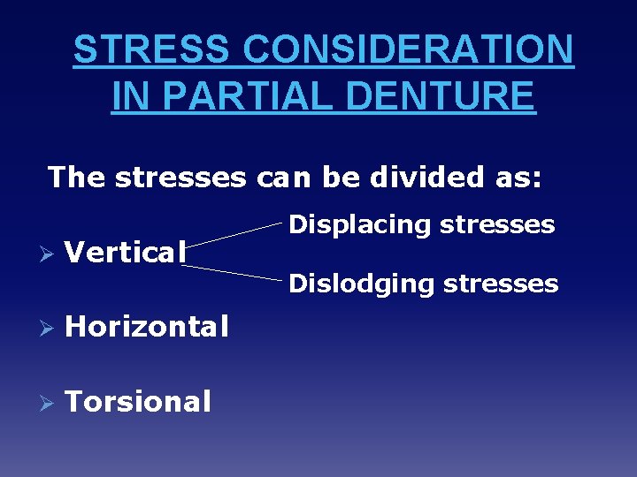 STRESS CONSIDERATION IN PARTIAL DENTURE The stresses can be divided as: Ø Vertical Ø