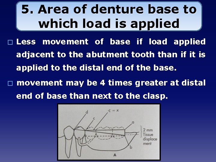 5. Area of denture base to which load is applied � Less movement of