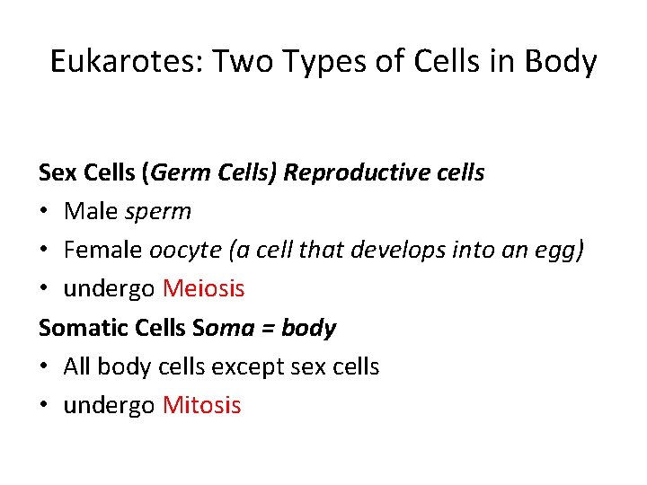 Eukarotes: Two Types of Cells in Body Sex Cells (Germ Cells) Reproductive cells •
