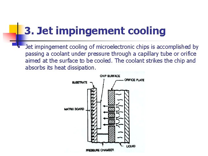 3. Jet impingement cooling • Jet impingement cooling of microelectronic chips is accomplished by