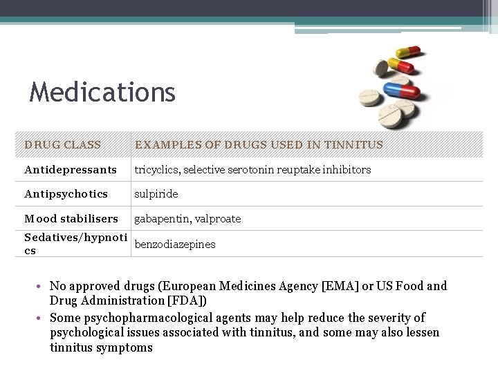 Medications DRUG CLASS EXAMPLES OF DRUGS USED IN TINNITUS Antidepressants tricyclics, selective serotonin reuptake