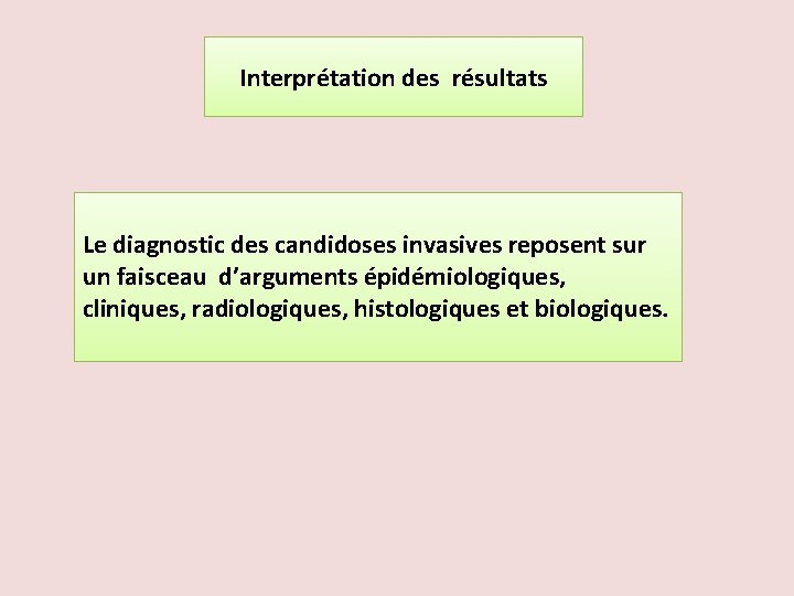 Interprétation des résultats Le diagnostic des candidoses invasives reposent sur un faisceau d’arguments épidémiologiques,