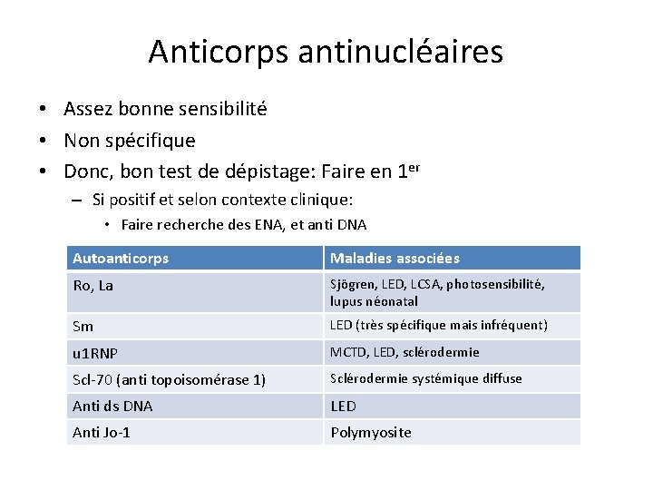 Anticorps antinucléaires • Assez bonne sensibilité • Non spécifique • Donc, bon test de