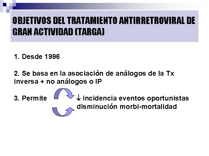 OBJETIVOS DEL TRATAMIENTO ANTIRRETROVIRAL DE GRAN ACTIVIDAD (TARGA) 1. Desde 1996 2. Se basa